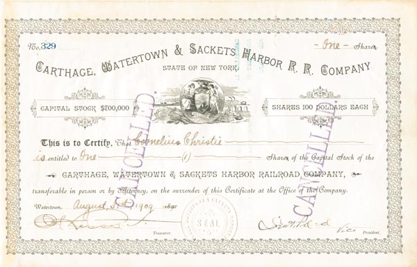 Carthage, Watertown & Sackets Harbor Railroad - Railway Stock Certificate